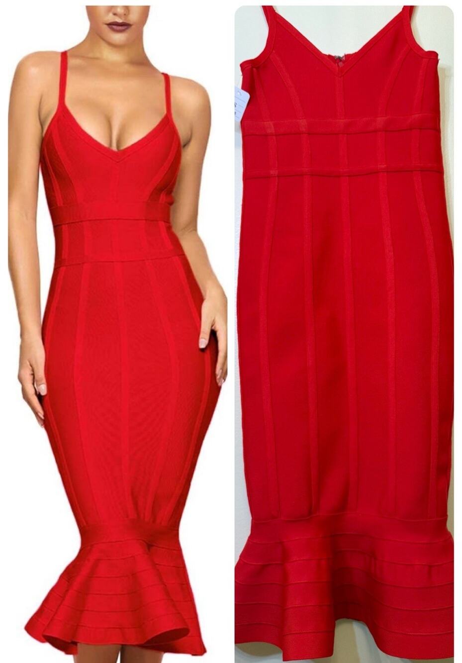 Sz Small  Fashion Nova Red Women Mermaid V Neck Bodycon Midi Cocktail Bandage